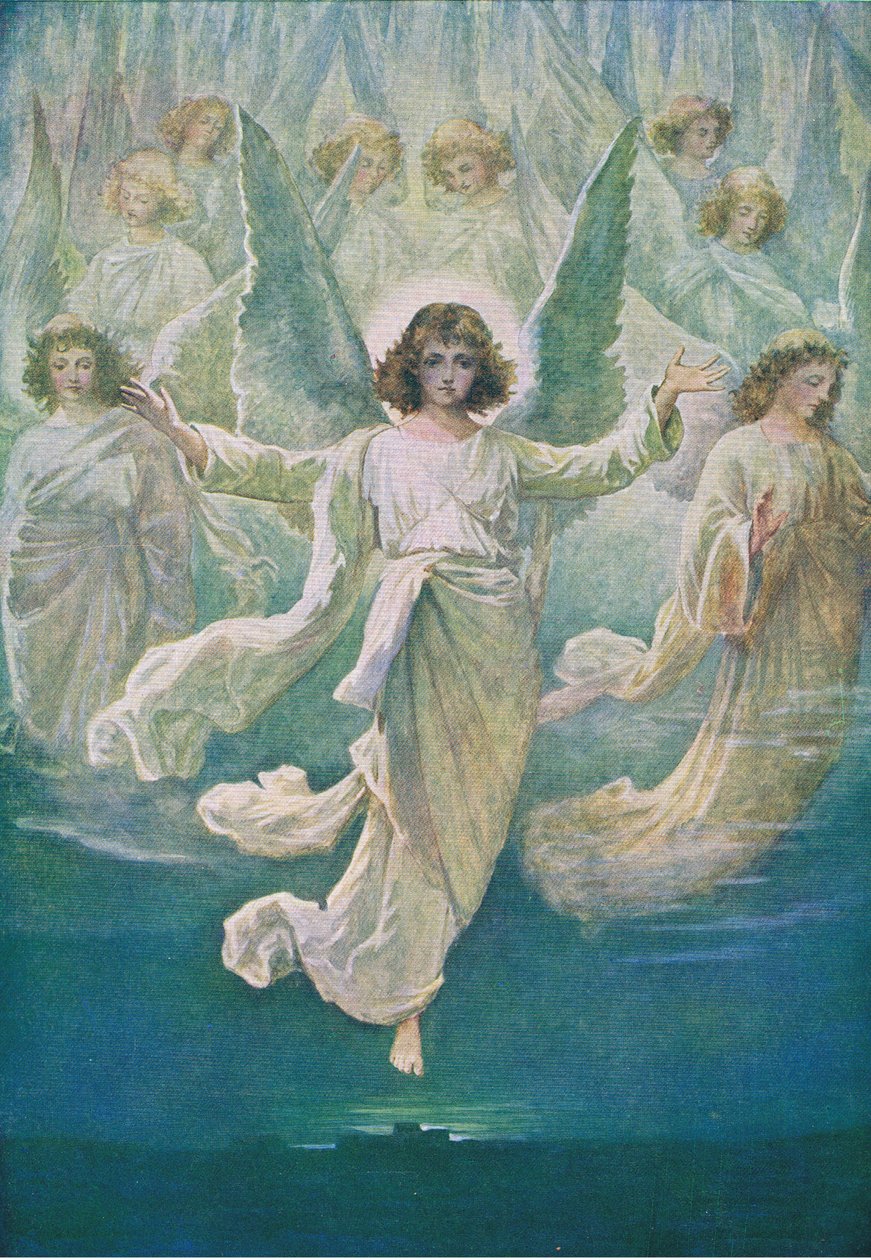 Andělský sbor, z The Bible Picture Book vydané Thomasem Nelsonem, kolem roku 1950 od William Henry Margetson