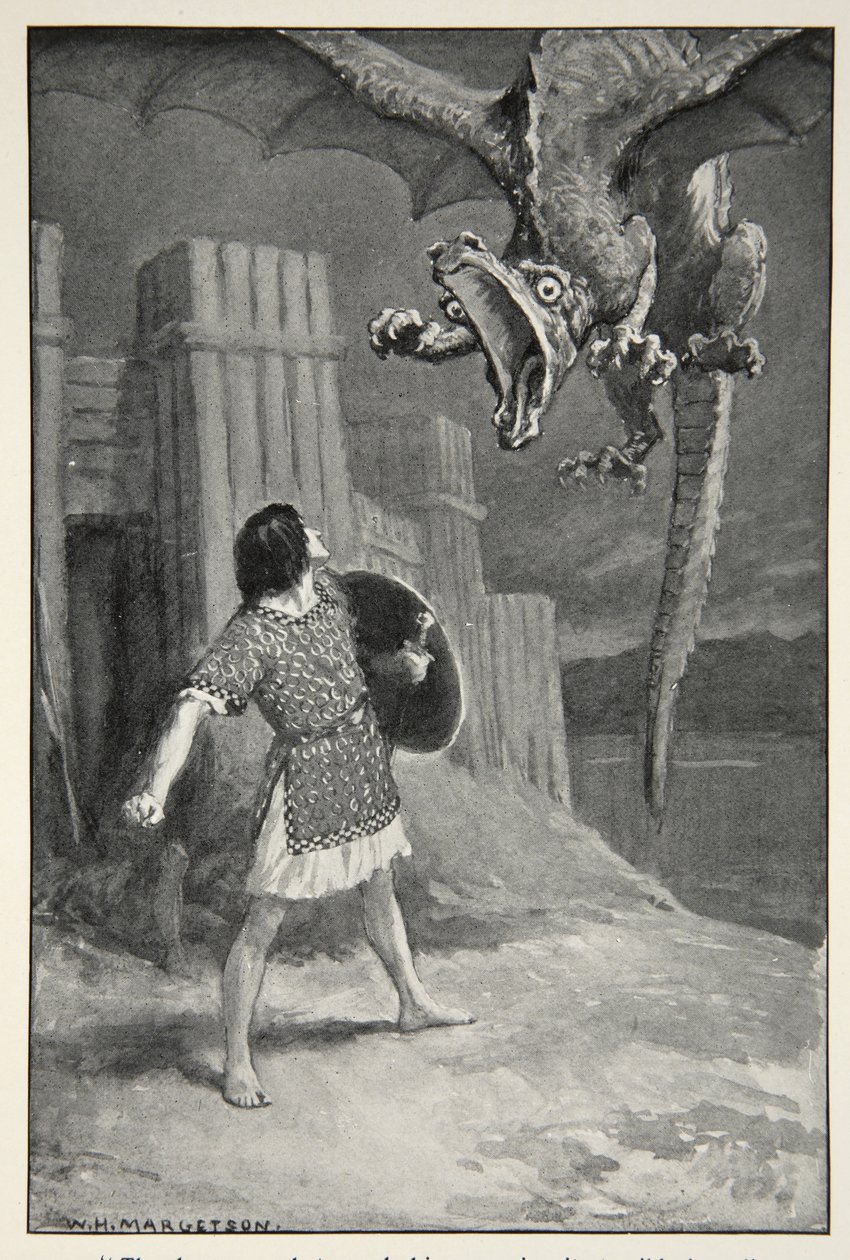 Drak se k němu ponořil a otevřel své hrozné čelisti z „Hrdinských mýtů a legend britské rasy“ od M.I. Ebbutt, 1910 od William Henry Margetson