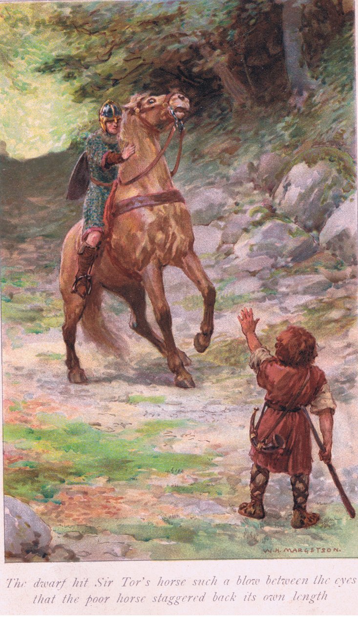 Trpaslík zasáhl koně sira Tora takovou ránu mezi oči, že ubohý kůň zavrávoral o svou délku. od William Henry Margetson