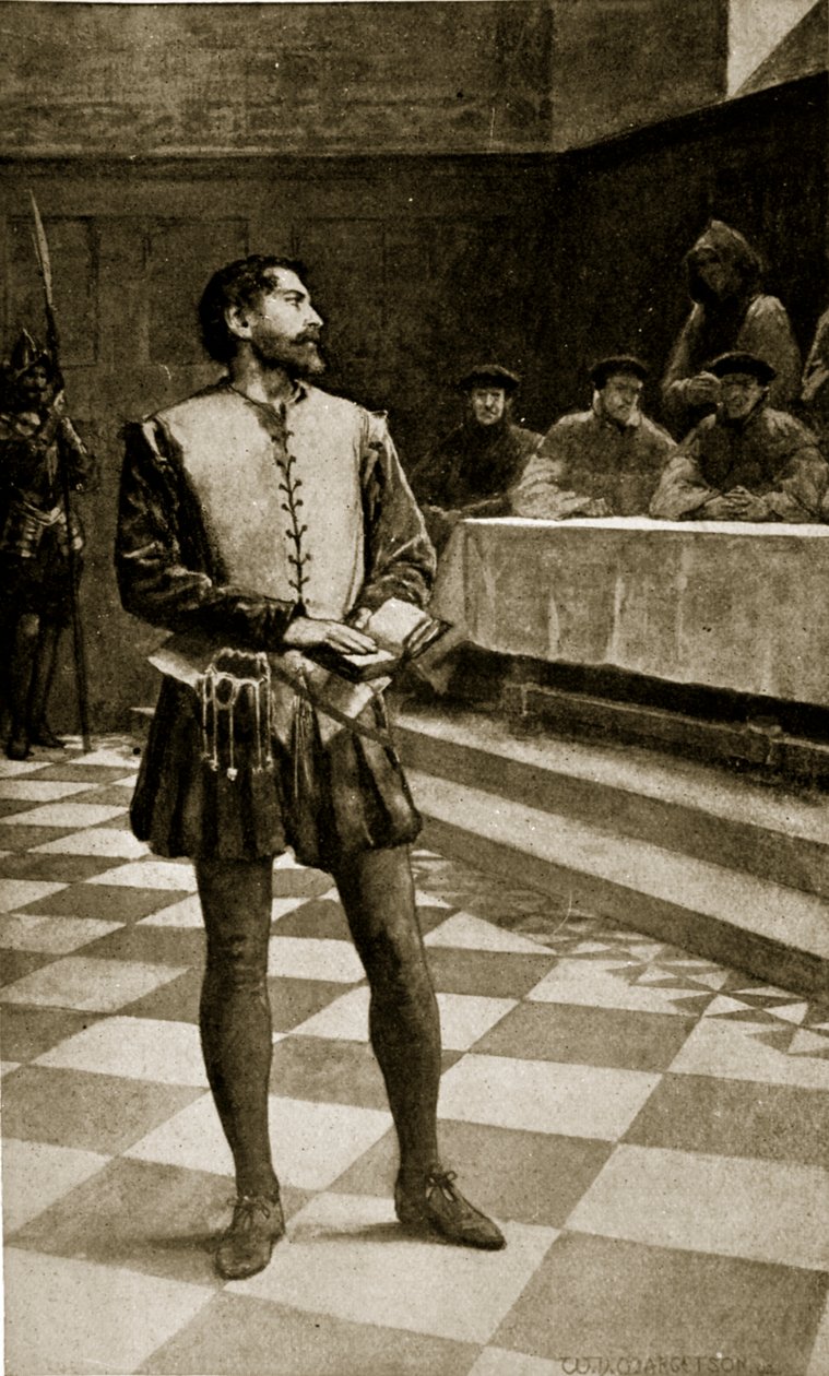 Proces s Adamem Wallacem, 1550, ilustrace z „Hutchinsonova příběhu britského národa“, kolem roku 1923 od William Henry Margetson