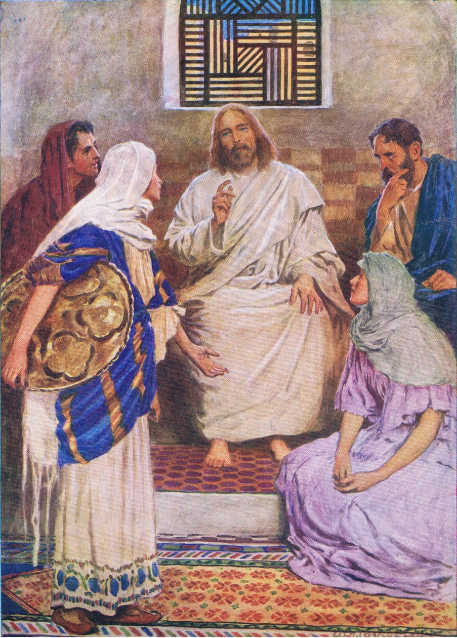 Dvě sestry z knihy The Bible Picture Book vydané Thomasem Nelsonem kolem roku 1950 od William Henry Margetson