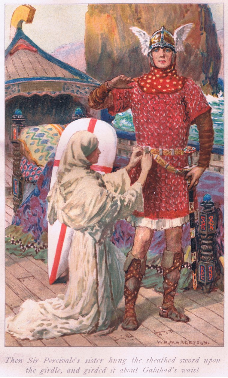 Sestra sira Percivalea pak pověsila meč na opasek a přepásala jej Galahadovi kolem pasu. od William Henry Margetson