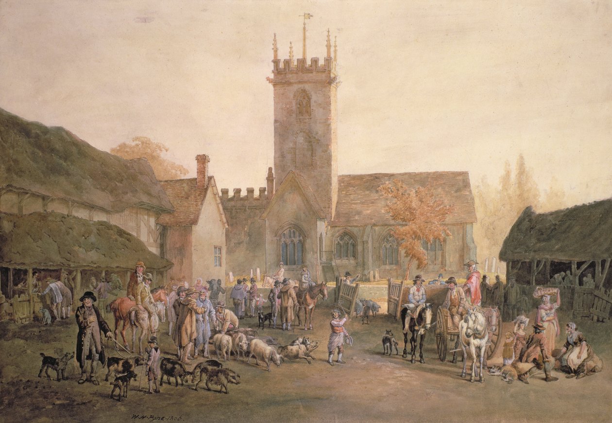 Tržiště na dvoře hostince The Fountain Inn, Bedford, 1806 (tužka, čb a tělové barvy) od William Henry Pyne