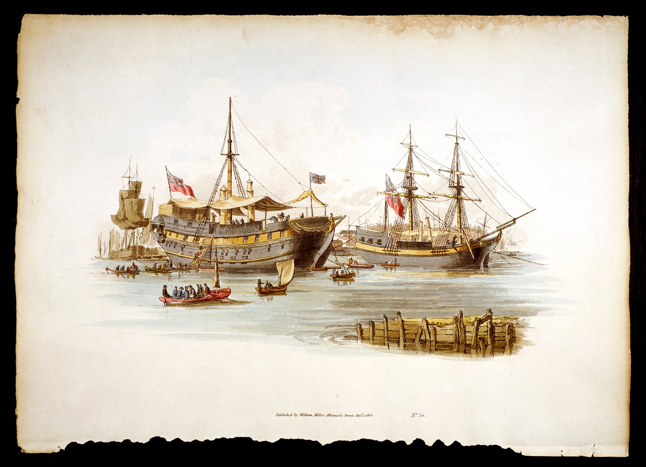 Vězeňské lodě hromotluky nebo tendry v Temži u Tower of London, 1805 od William Henry Pyne