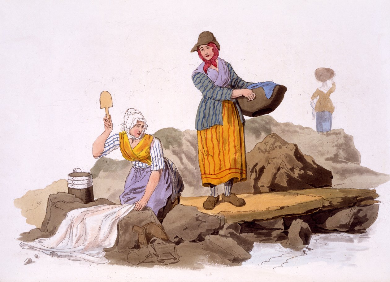Washerwomen, from The Costumes of Great Britain, pub. Henry Miller, 1805 (ručně kolorovaný tisk) od William Henry Pyne