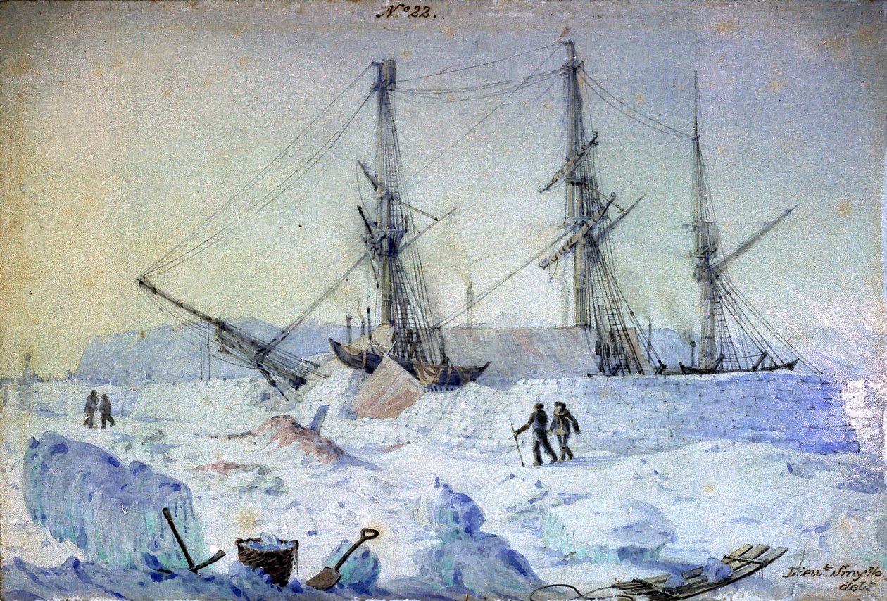 "č. 22 je pohled na levobok lodi s efektem východu slunce v únoru 1837 a ukazuje stav sněhových stěn v té době". od William Henry Smyth