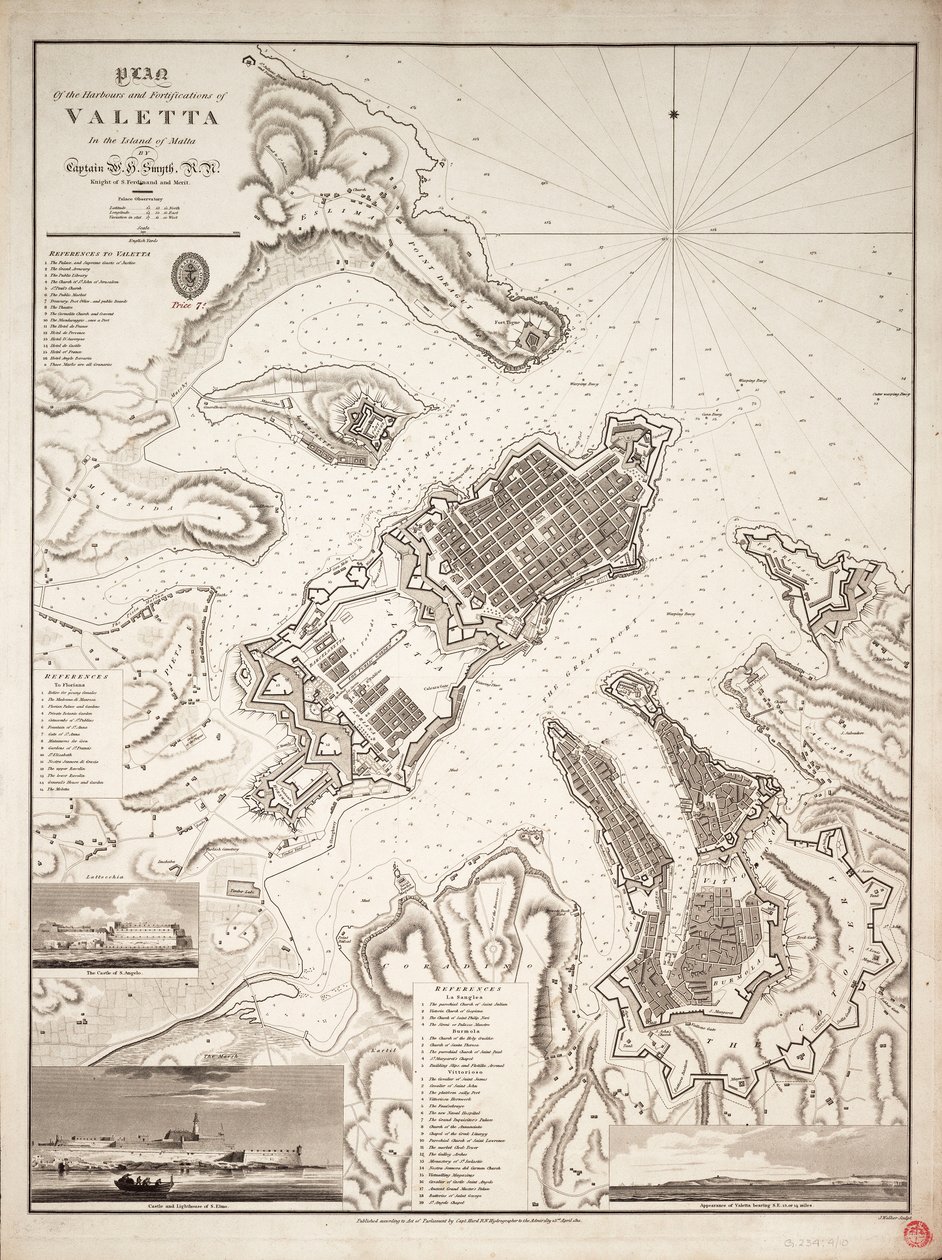 Plán přístavů a opevnění Valetty na ostrově Malta, asi 1821 (rytina) od William Henry Smyth