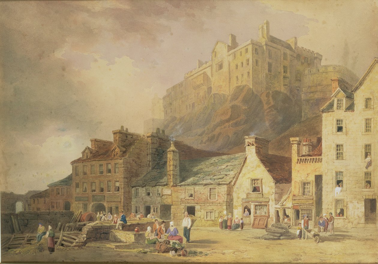 Edinburský hrad z Trhu trávy, s výhledem na Malý západní přístav, asi 1820 (čb a sépie) od William Henry Stothard