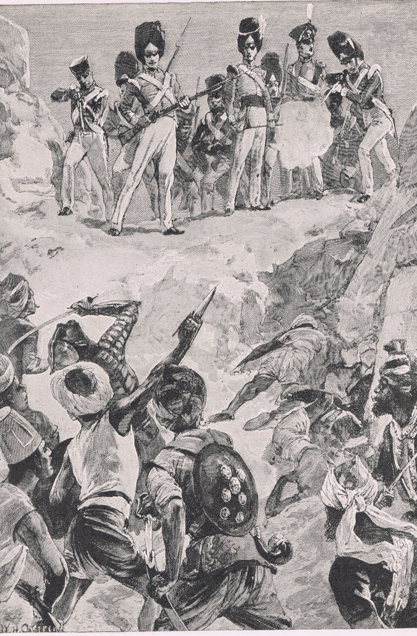 Stoupenci Carmichaelse vypálili salvu do hustého shluku mužů: Bitva o Bharatpur 1826, ilustrace z britských bitev na souši a na moři, 1915 od William Heysham Overend