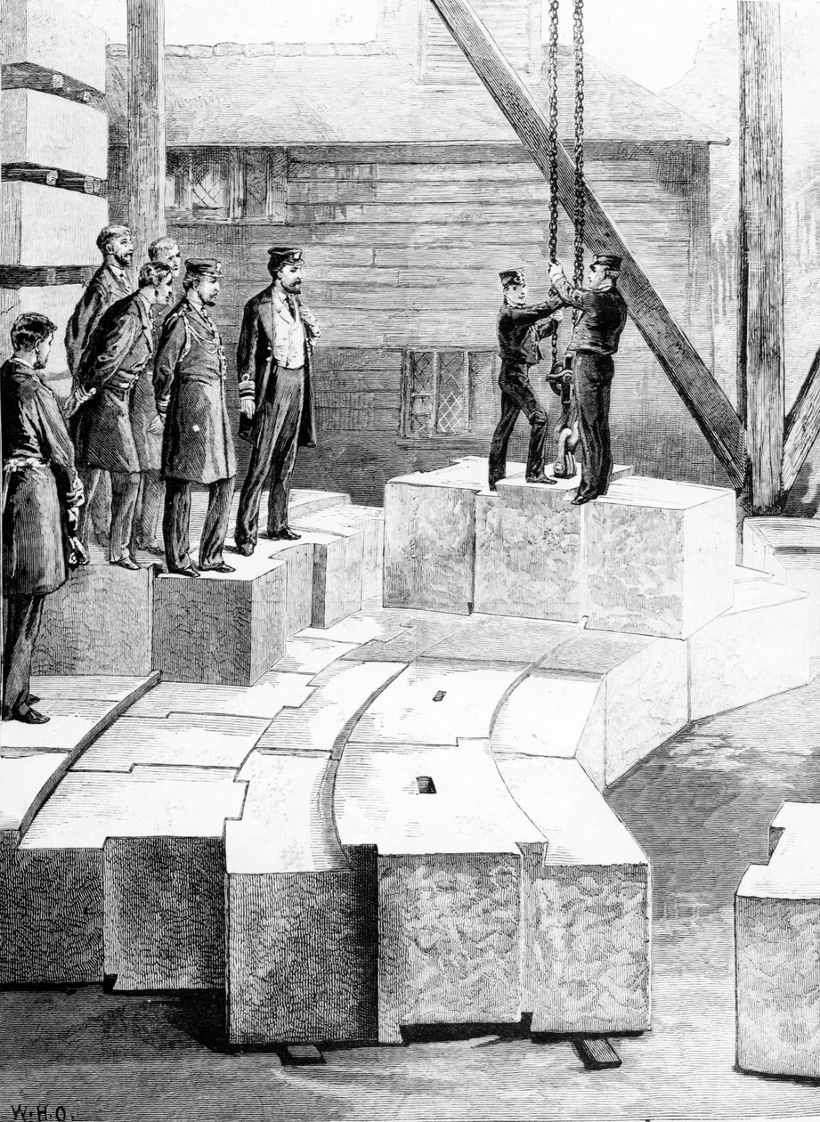 Nový maják Eddystone: The Stone-Cutting Establishment at Oreston, ilustrace z "The Illustrated London News", 1879 od William Heysham Overend