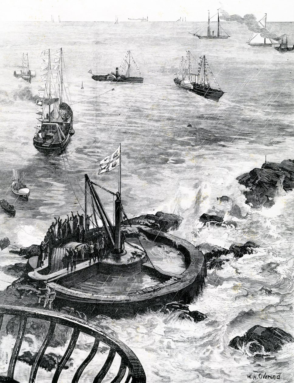Princ z Walesu a vévoda z Edinburghu pokládají základní kámen nového majáku Eddystone, ilustrace z „The Illustrated London News“, 1879 od William Heysham Overend