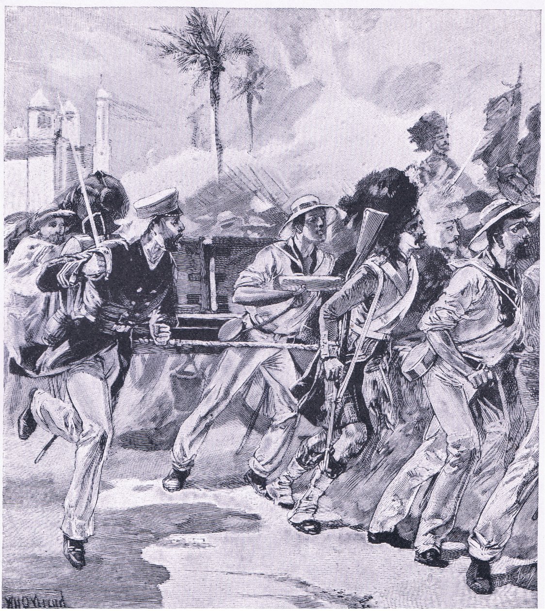 Námořní brigáda z HMS Shannon v Lucknow, listopad 1857, ilustrace z britských bitev na souši a na moři, 1915 od William Heysham Overend