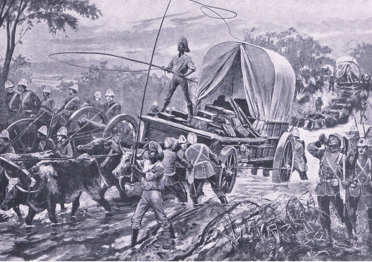 Zulu War: The Estowe Relief Force Crossing the stream, duben 1879, ilustrace z britských bitev na souši a na moři, 1915 od William Heysham Overend