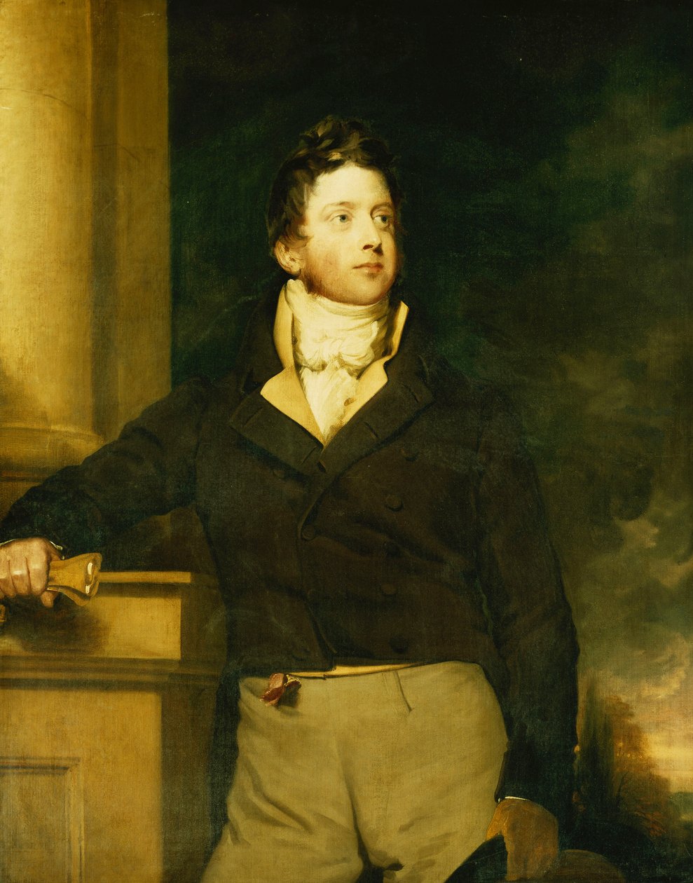 Portrét gentlemana, stojícího, tříčtvrtečního, v hnědé bundě s bílým Jabotem, v krajině, od William Hilton
