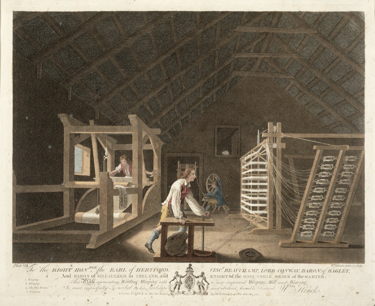Navíjení, snování pomocí nového vylepšeného snovacího stroje a tkaní, deska VII „The Linen Manufactory of Ireland“, 1791 (barevné lito) od William Hincks