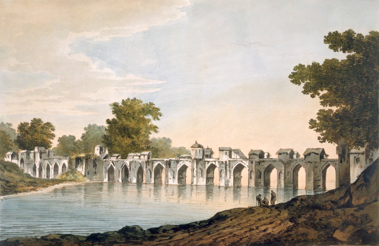 Pohled na most v Ilionpooru přes řeku Goomty, hospoda. 1785-88. od William Hodges