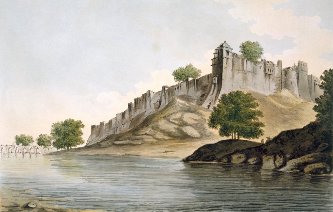 Pohled na pevnost Ilionpoor na břehu řeky Goomty, hospoda. 1785-88. od William Hodges