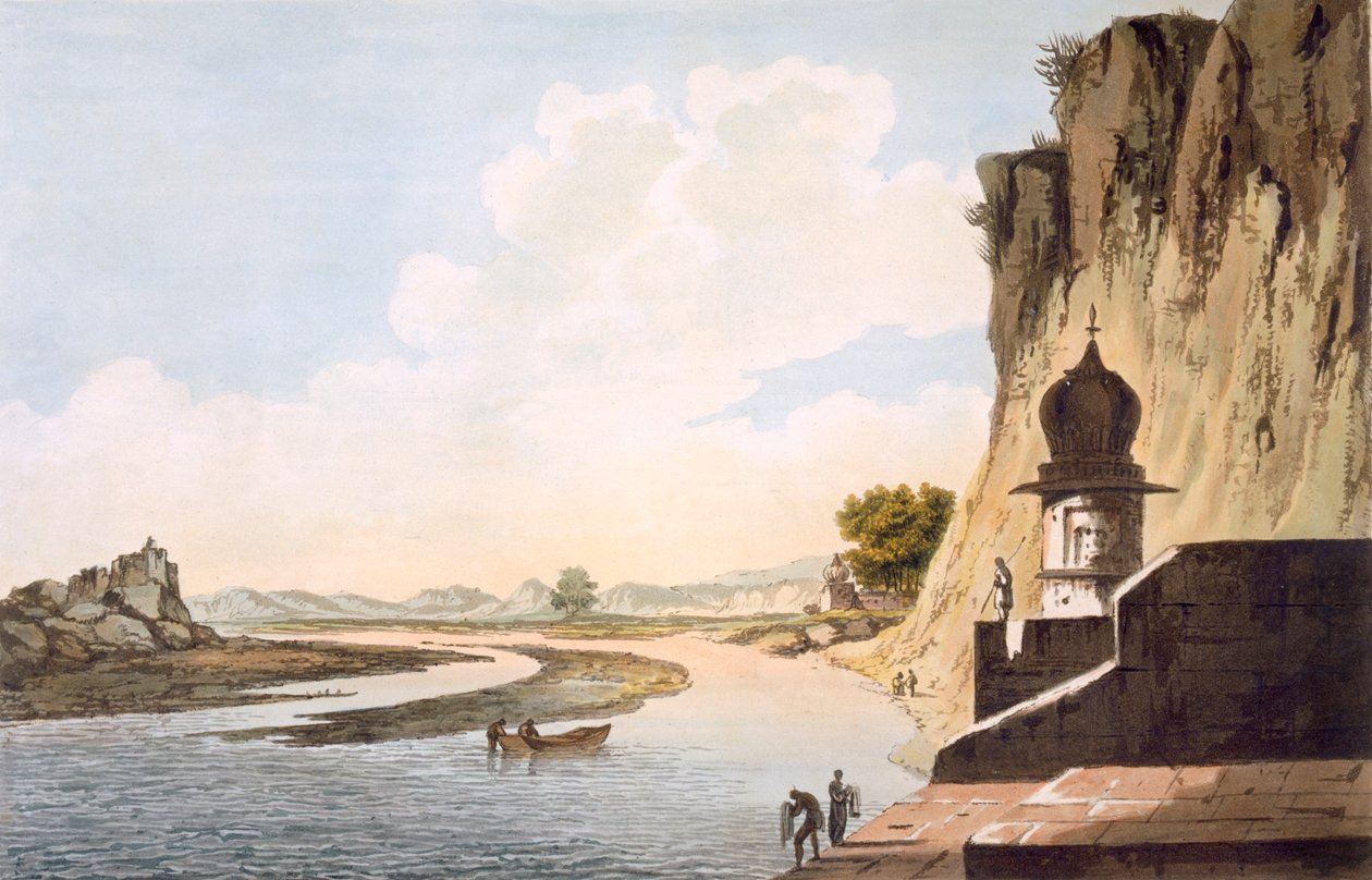 Pohled na Gaut u Etawy, na břehu řeky Jumna, hospoda. 1785-88. od William Hodges