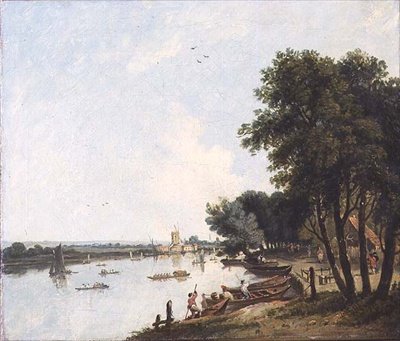 Pohled na Temži v Chelsea s Post Mill v Nine Elms za ní od William Hodges