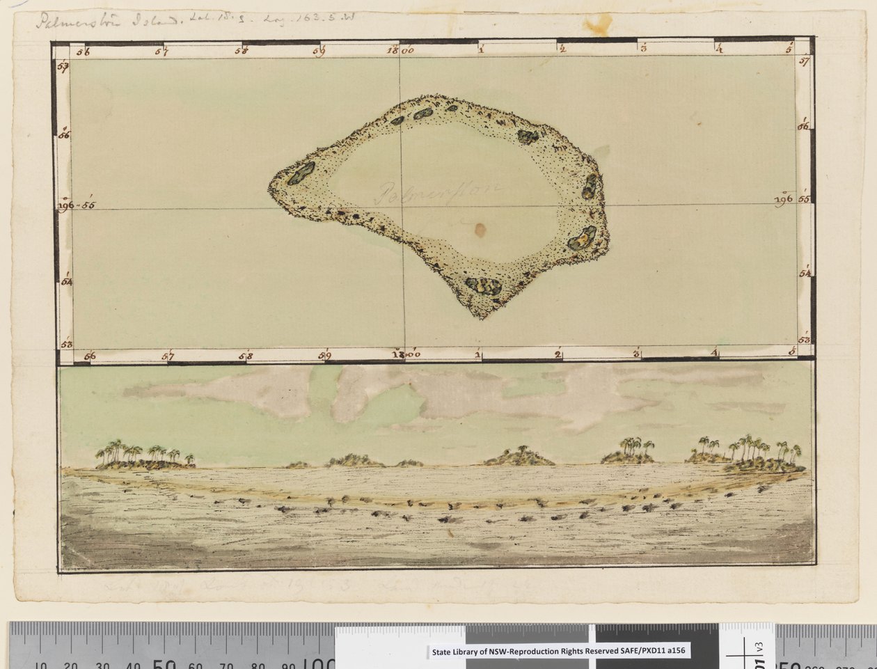 Strana 25b/a Mapa a profil ostrova Palmerston od William Hodges