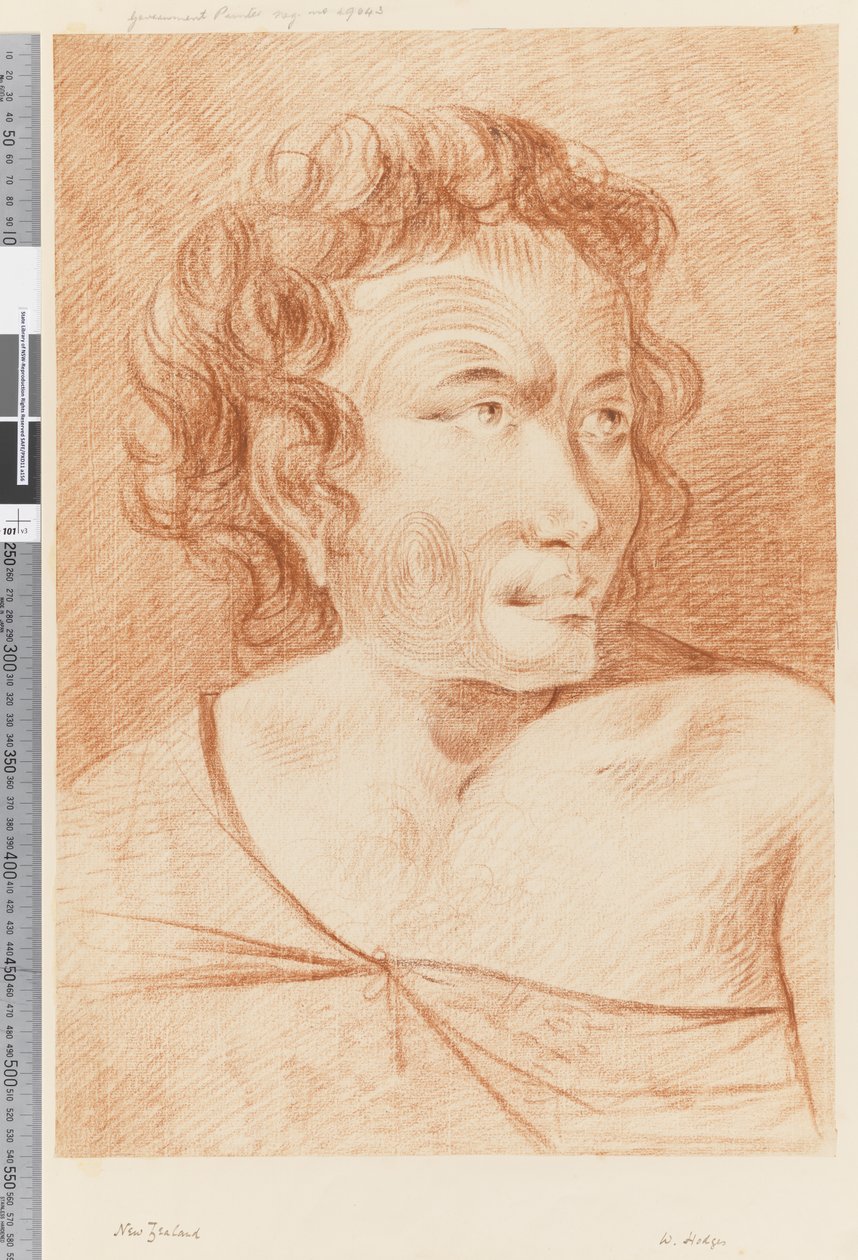 Strana 32b Novozélandský portrét Maori, 1768-75 (červená křída) od William Hodges