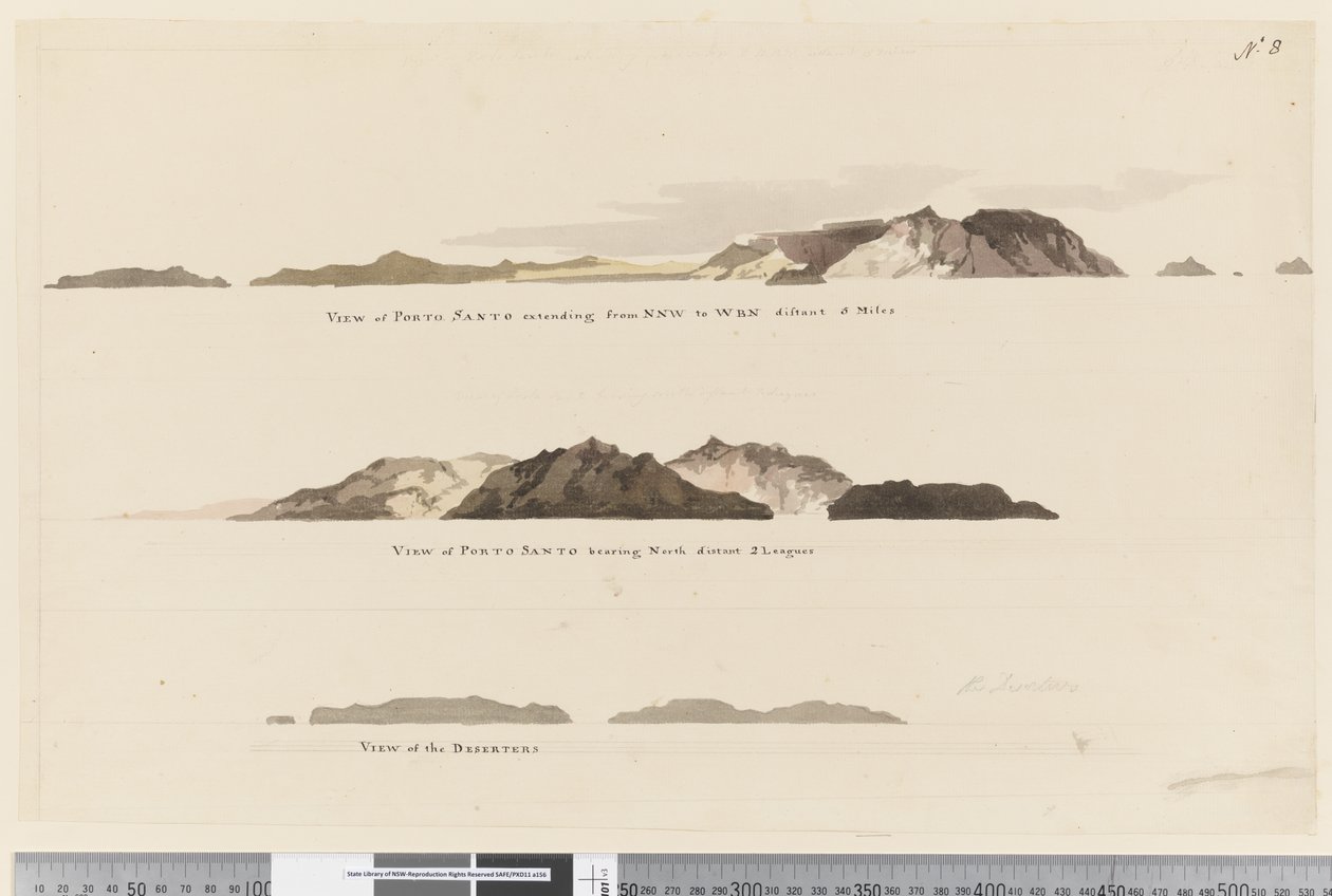 Page 8 (a) Pohled na Porto Santo sahající od NNW k WBN vzdálené 5 mil (b) Pohled na Porto Santo se severem vzdálené 2 ligy a (c) Pohled na The Deserters od William Hodges