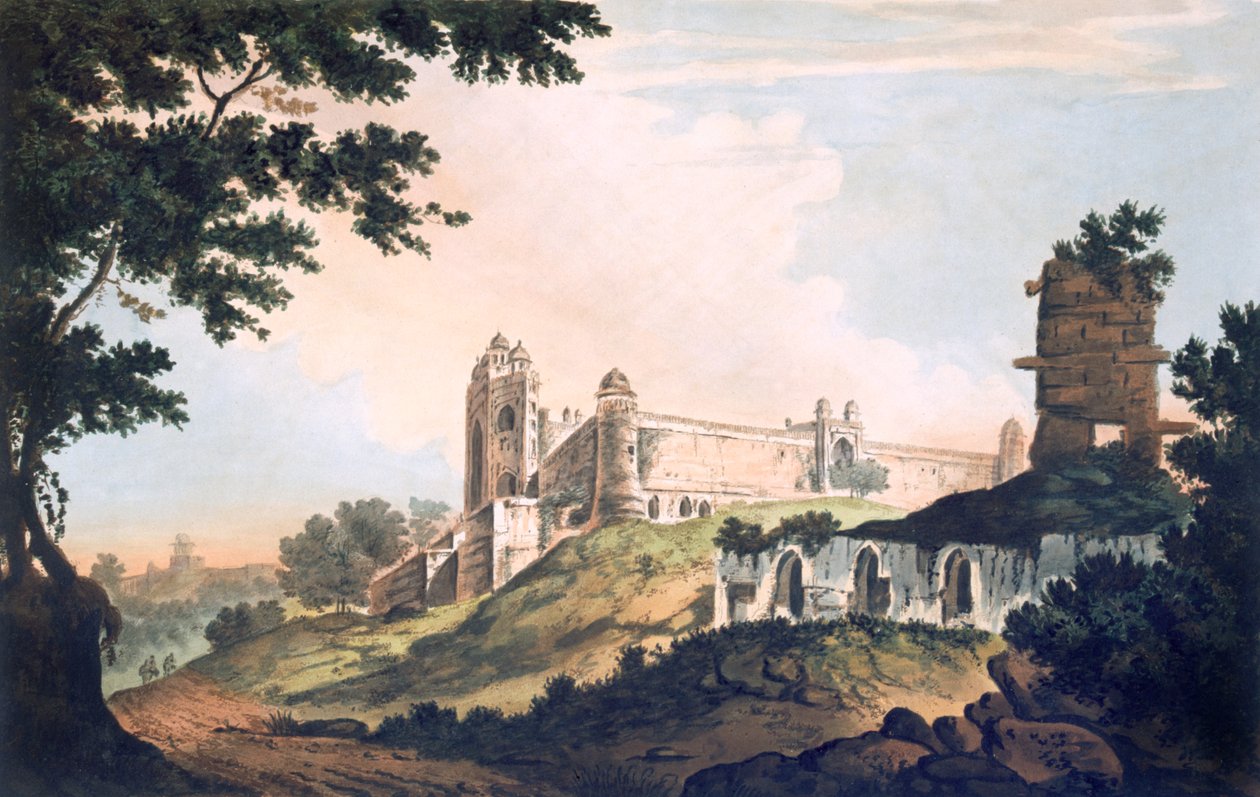 Pl. 12 Pohled na mešitu ve Futtipoor Sicri, z knihy "Select Views in India", vyd. 1785-88 (kolorovaný lept s akvatintou) od William Hodges