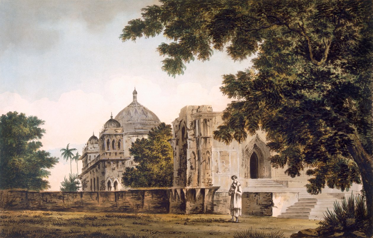 Pl. 18 Pohled na mešitu v Mounheer z jihovýchodu z hospody „Select Views in India“. 1780-83 (barevný lept s akvatintou) od William Hodges