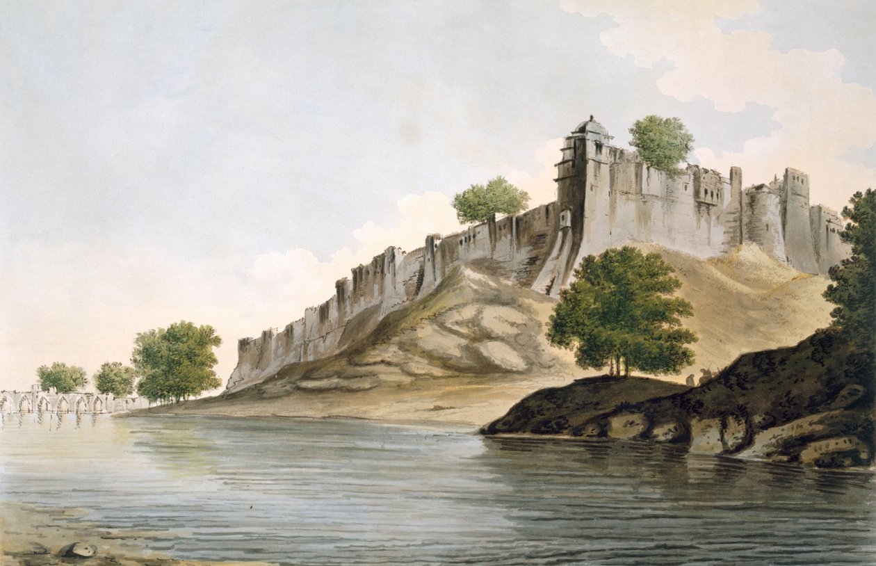 Pl. 33 Pohled na pevnost Ilionpoor na břehu řeky Goomty z knihy "Select Views in India", vyd. 1785-88 (kolorovaný lept s akvatintou) od William Hodges