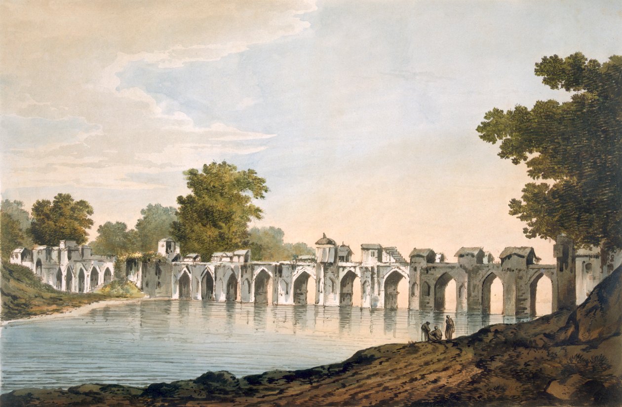 Pl. 34 Pohled na most v Ilionpoor přes řeku Goomty z hospody „Select Views in India“. 1785-88 (barevný lept s akvatintou) od William Hodges