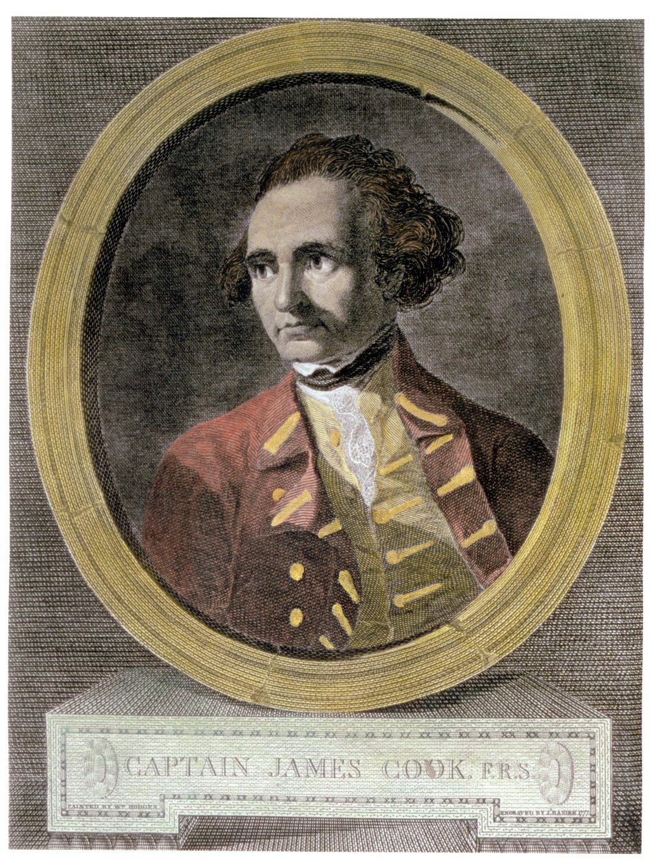 Portrét kapitána Jamese Cooka (1728-79), z frontispipu „Cesta kolem světa k jižnímu pólu“ (pozdější kolorování) od William Hodges