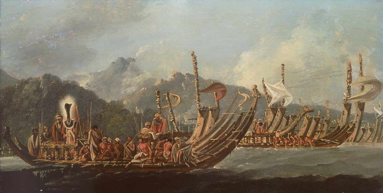 Přehled válečných galér na Tahiti od William Hodges