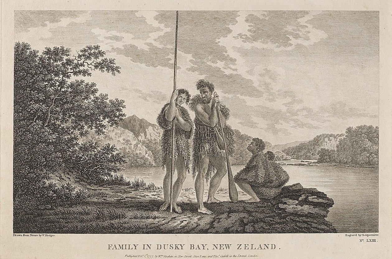 Pohled na záliv Bay of Islands (Dusky Bay) (Nový Zéland) s maorskou rodinou. Rytina (33,9x47,1 cm) podle kresby Williama Hodgese (1744-1797), kolem roku 1785. od William Hodges