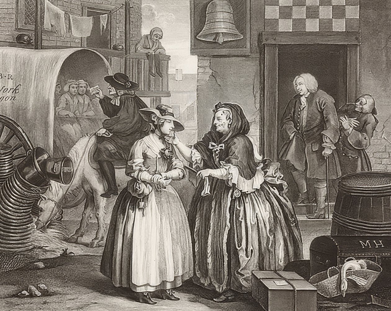 S Progress / Cesta kurvy, List 1: Přílet do Londýna. 1732 od William Hogarth