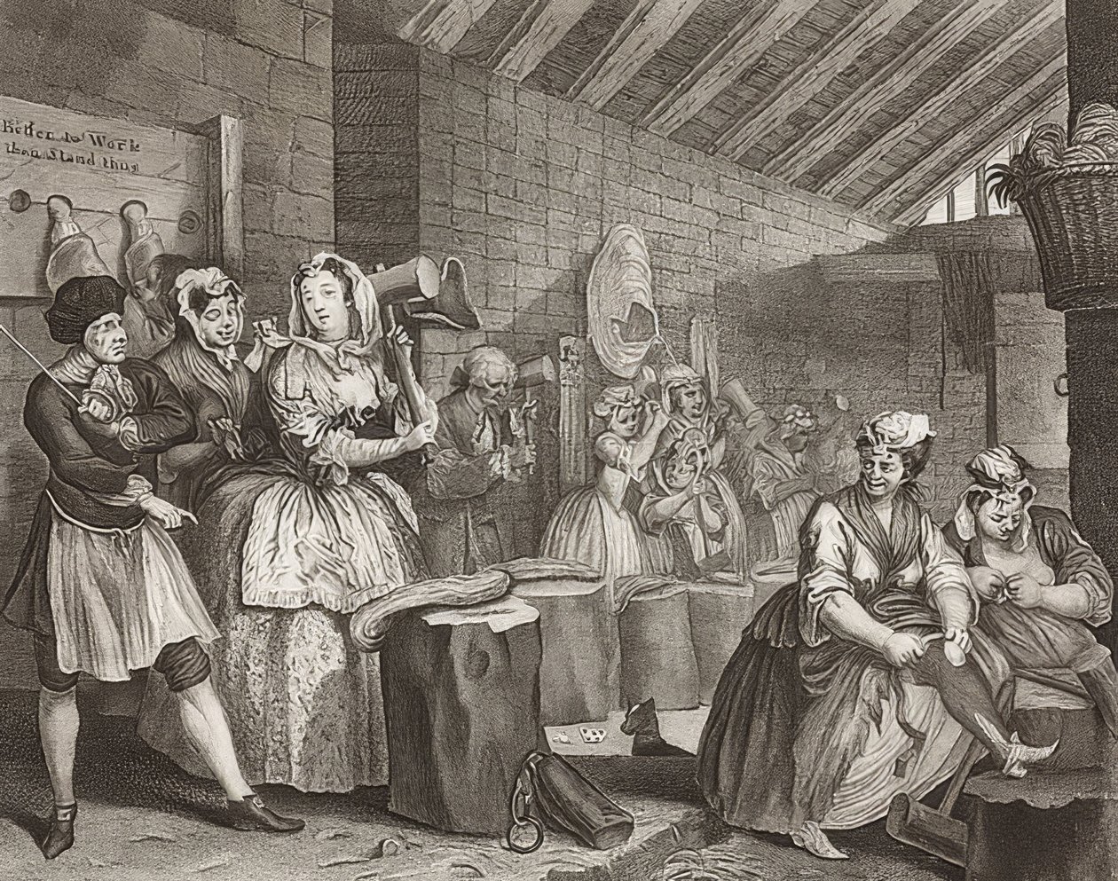 S Pokrok / Cesta kurvy, List 4: Im Zuchthaus. 1732 od William Hogarth