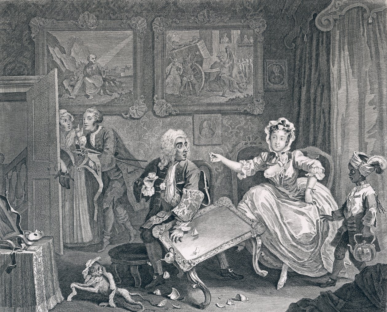 Pokrok nevěstky, deska druhá: Hádky s jejím židovským ochráncem, 1732 (lept a rytina) od William Hogarth