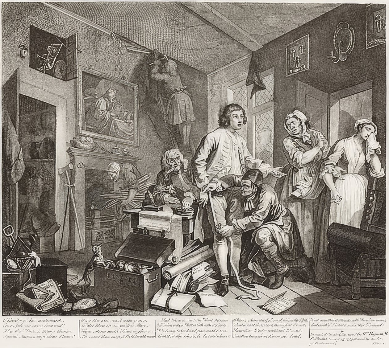 A Rake? S Progress, Plate 1: The Rake Takeing Possession of his estate / Der Weg eines Liederlichen, Blatt 1: Die Erbschaft. 1735 od William Hogarth