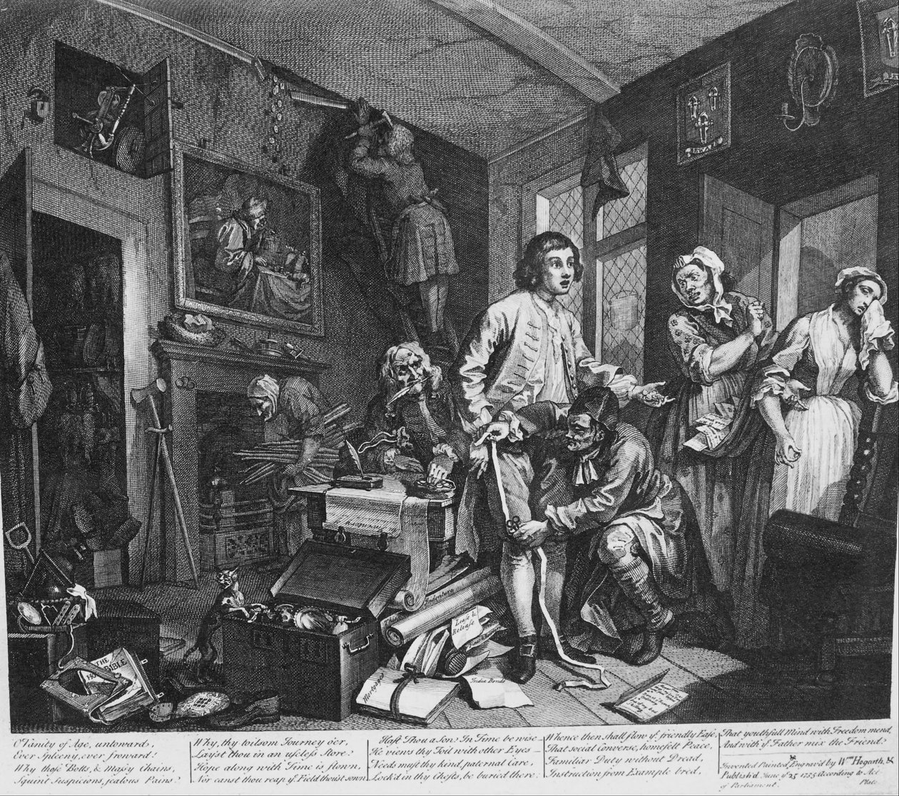 Rakeův pokrok, talíř 1, Mladý dědic ovládne lakomé efekty od William Hogarth