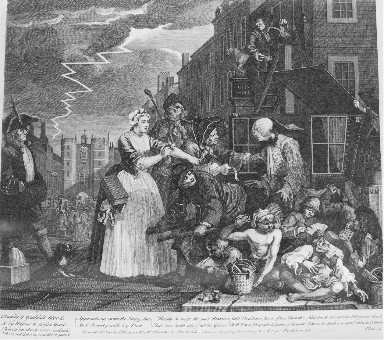 Pokrok hrábě, talíř 4, zatčen pro dluh od William Hogarth