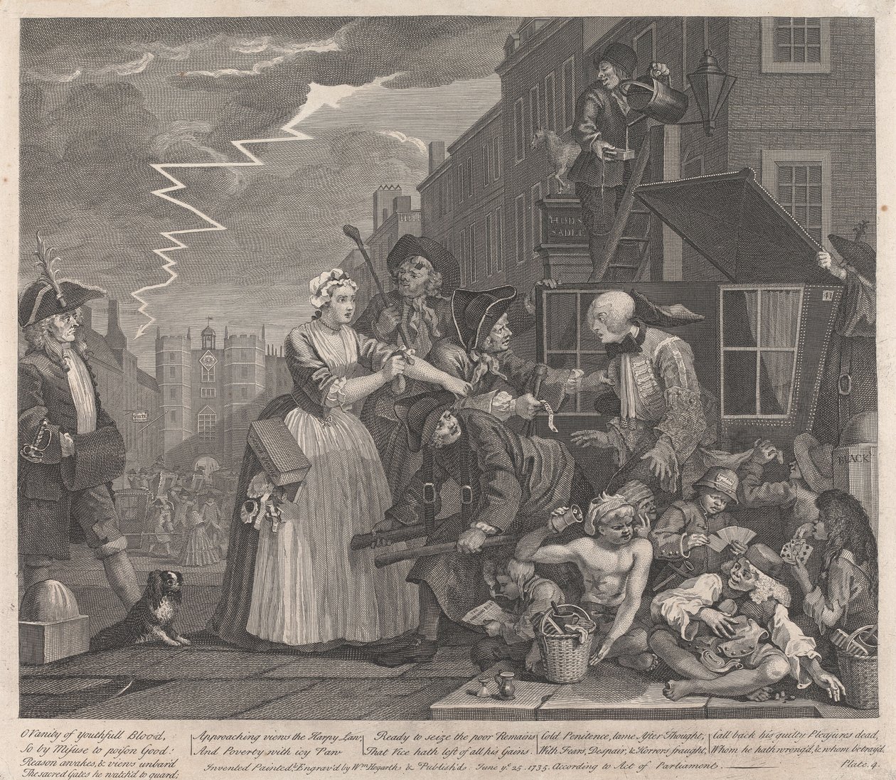 Cesta hříšníka, deska č. 4:  Jde k soudu od William Hogarth
