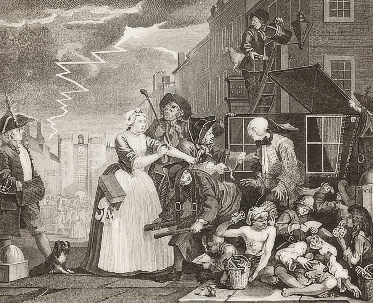 A Rake? S Progress, Plate 4: The Rake Arrested, Going to Court / Der Weg eines Liederlichen, Blatt 4: Tom Rakewell zatčen a zachráněn. 1735 od William Hogarth