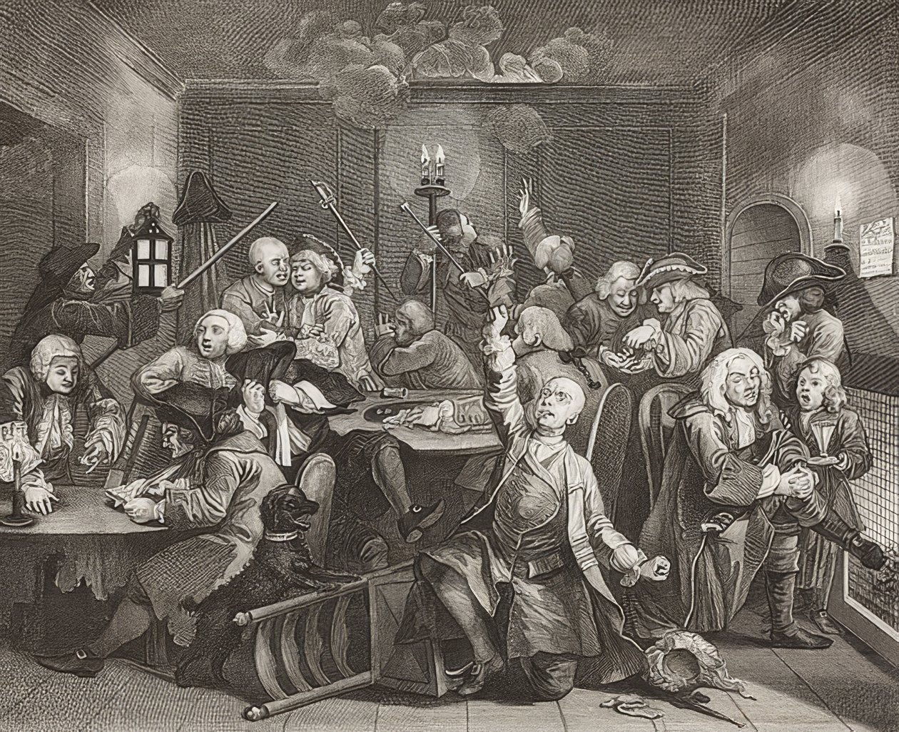 A Rake? S Progress, Plate 6: The Rake at a Gaming House / Der Weg eines Liederlichen, Blatt 6: Tom Rakewell v herně. 1735 od William Hogarth
