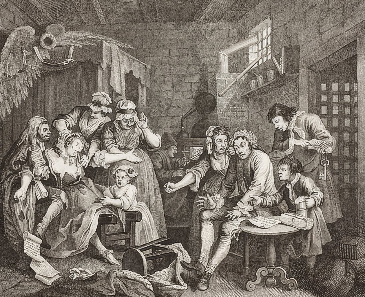 A Rake? S Progress, Plate 7: The Rake in Prison / The Path of a Verbosom, List 7: Tom Rakewell ve vězení. 1735 od William Hogarth