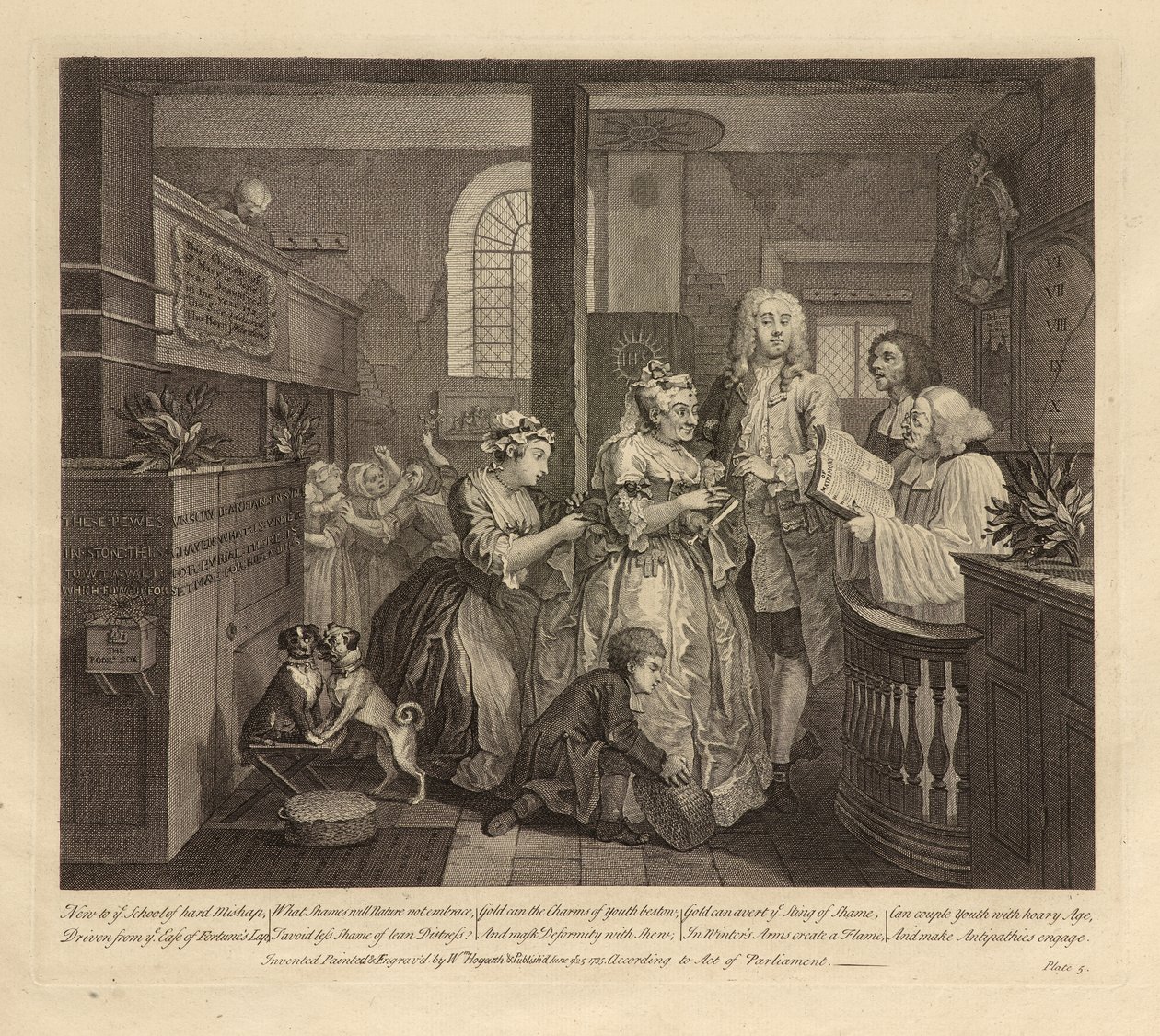 A Rakes Progress, V. deska, červen 1735 (rytina a lept na položený papír, stav i) od William Hogarth