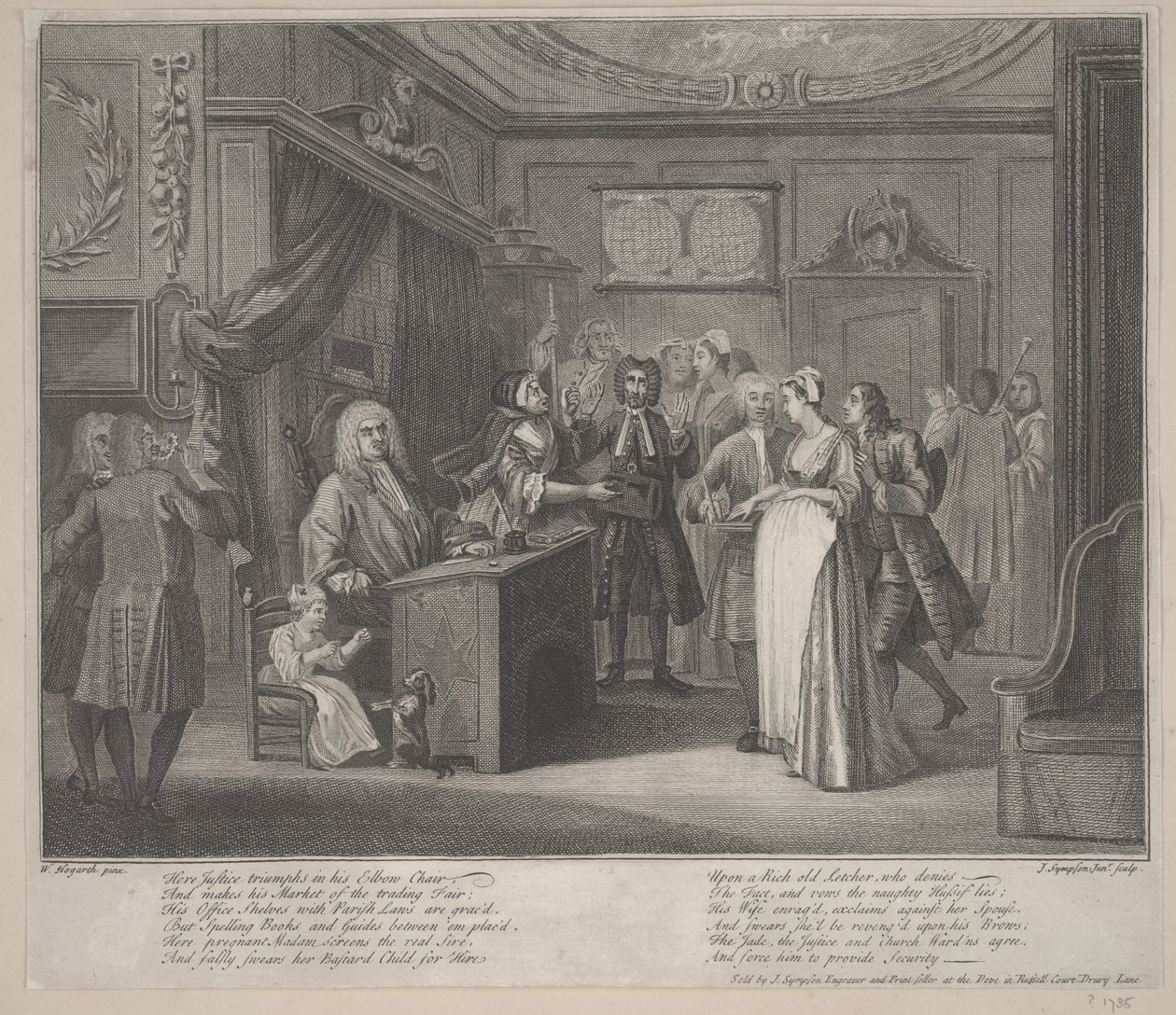 Žena přísahající dítě hrobovému občanovi, kolem 1730-35 (lept) od William Hogarth
