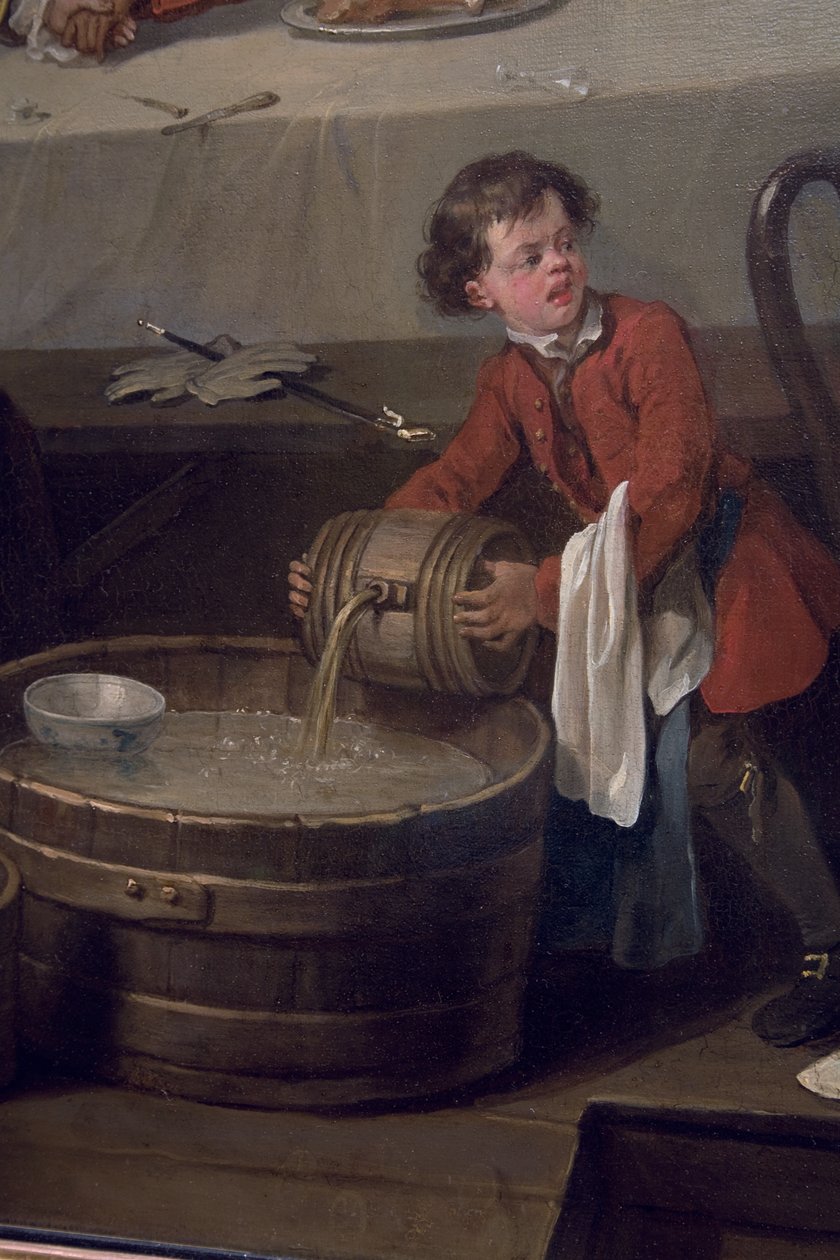Roztržitý skutec nalévá soudek brandy na půl sudu špinavé špinavé vody, detail z An Election, Scéna I, An Election Entertainment, 1744-45 od William Hogarth