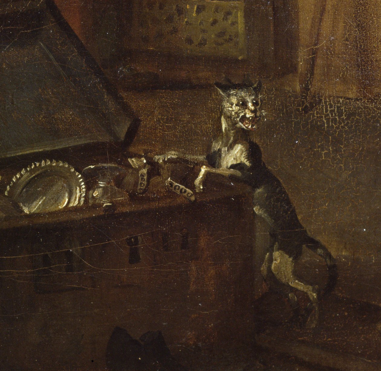 Kočka s truhlou, detail z A Rakes Progress I: The Rake Takeing Possession of his Estate, 1733 detail olej na plátně z 72326 od William Hogarth