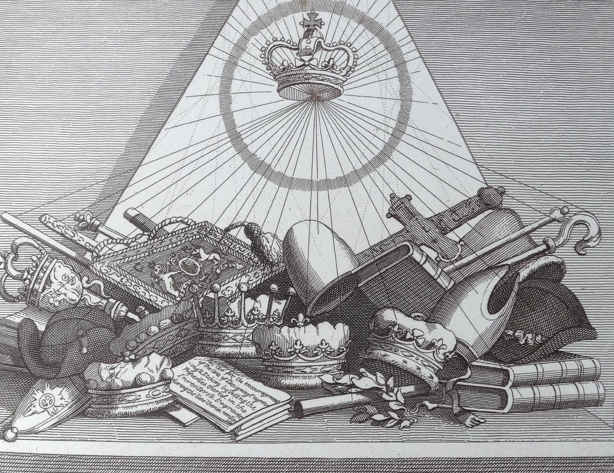 Koruna, mitres, maces atd od William Hogarth