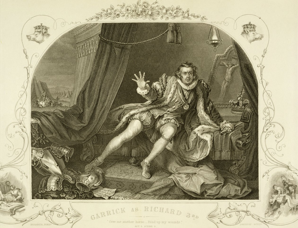 David Garrick (1717-1979) jako Richard III., V. dějství, 3. scéna, ve hře Williama Shakespeara (1564-1616), vyryté Portburym od William Hogarth