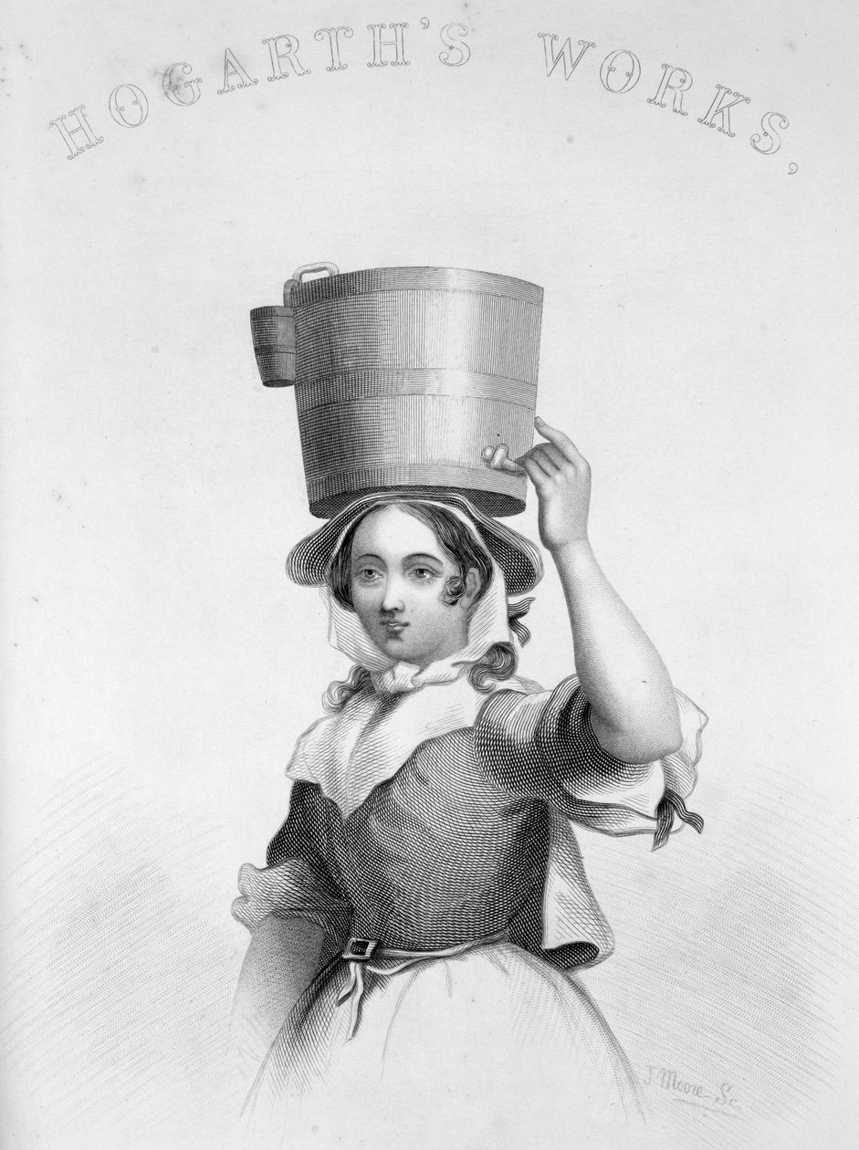 Zobrazení J Moore jako rytina Milk Maid z Hogarths Enraged Musician od William Hogarth